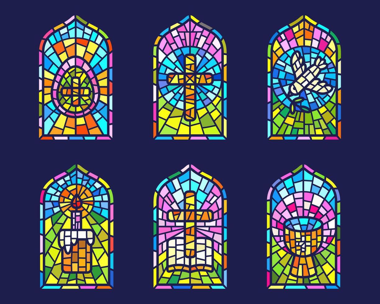 Church stained windows with religious Easter symbols. Christian mosaic glass arches set with cross dove cup and egg vector