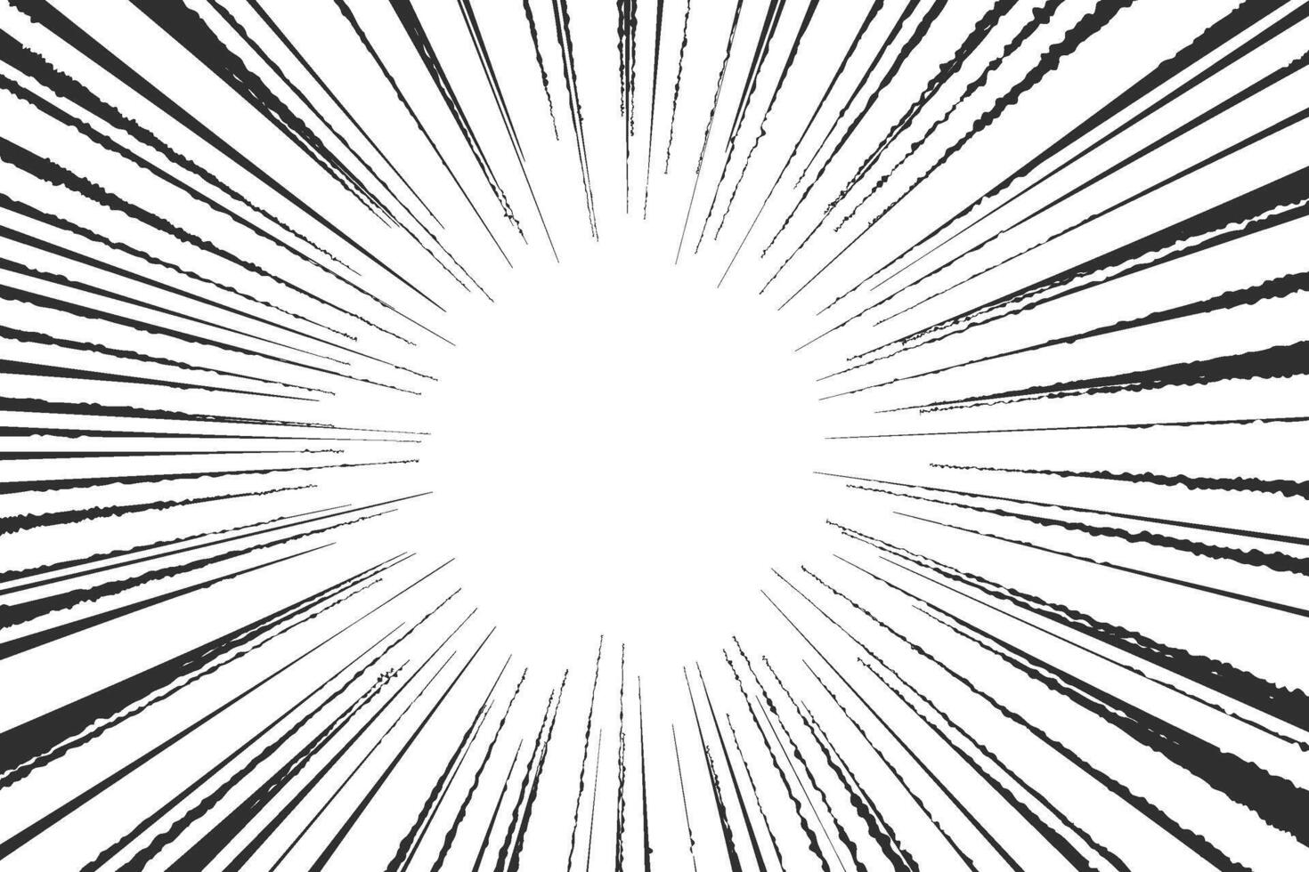Speed lines in frame for manga comics book. Radial motion background. Monochrome explosion and flash glow. Concentric textured illustration vector