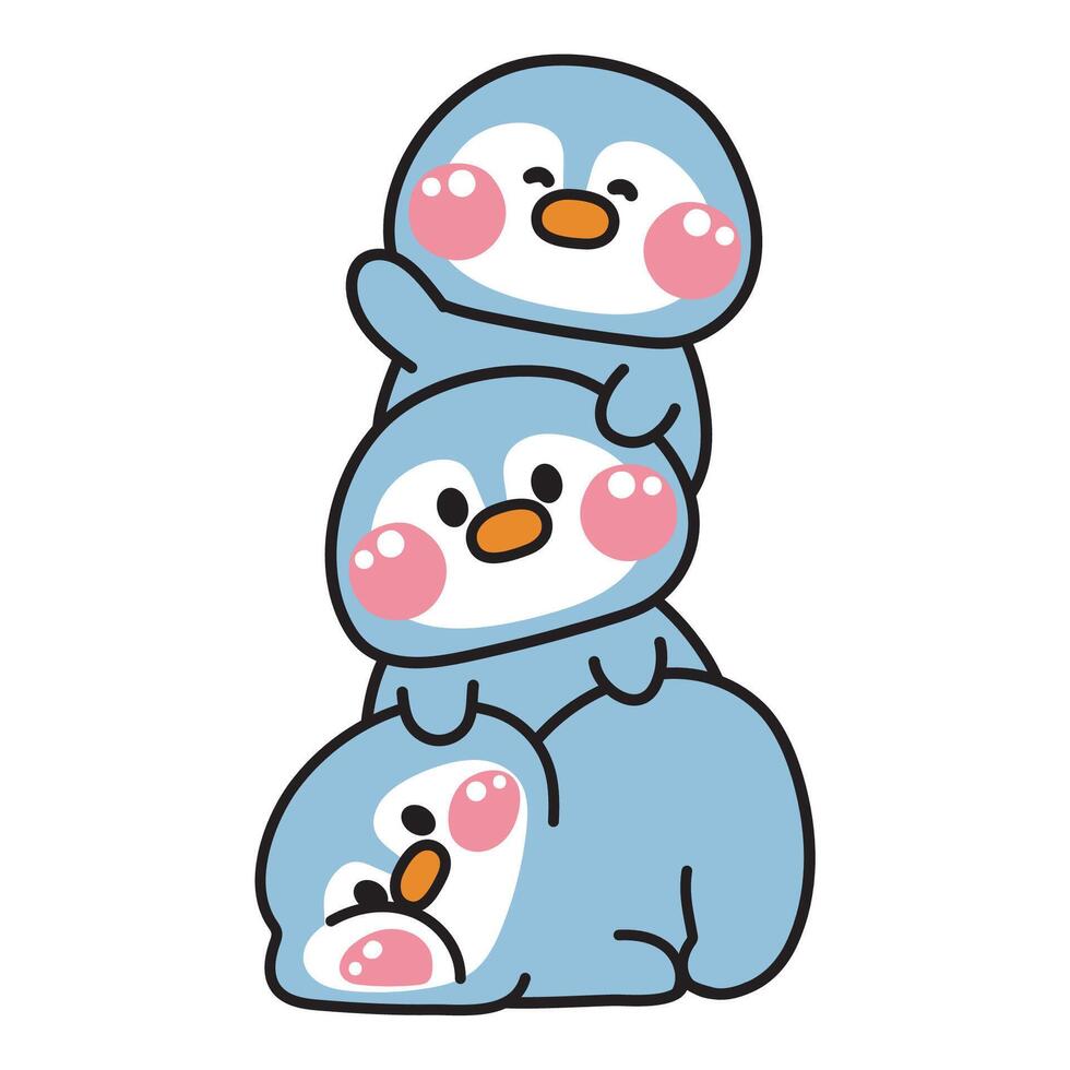 Cute penguin stay on top each other.Bird animal character cartoon design.Image for card,poster,sticker,baby clothing,t shirt print screen.Kawaii.Illustration. vector