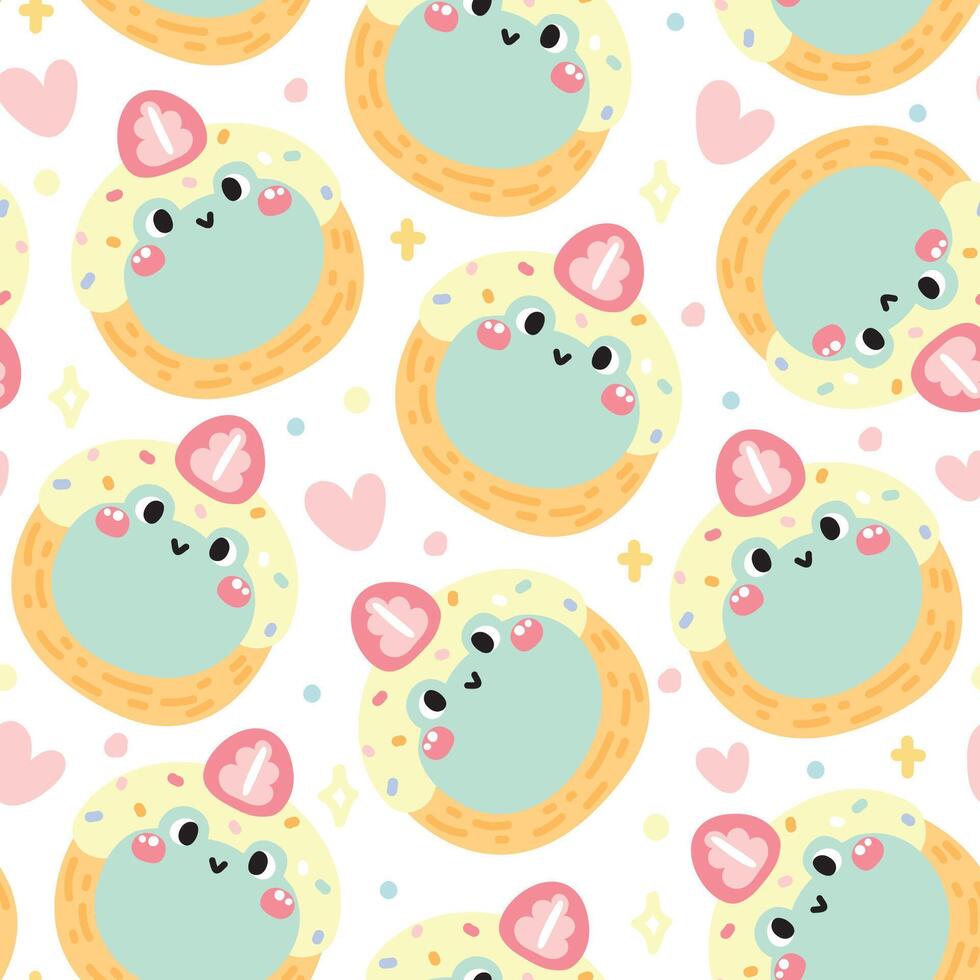 Seamless pattern of cute donut smile frog head with strawberry on white background.Reptile animal character cartoon design.Sweet.Dessert.Image for card,poster,baby clothing.Kawaii.Illustration. vector