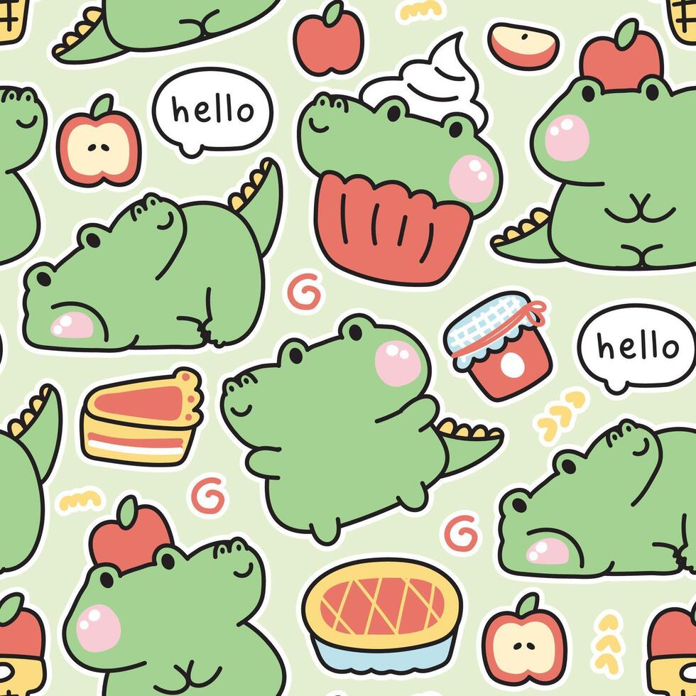 Seamless pattern of cute crocodile various poses in apple pie concept.Reptile animal character cartoon design.Fruit,cupcake,apple,ice cream,jam hand drawn.Kid graphic.Kawaii.Illustration. vector