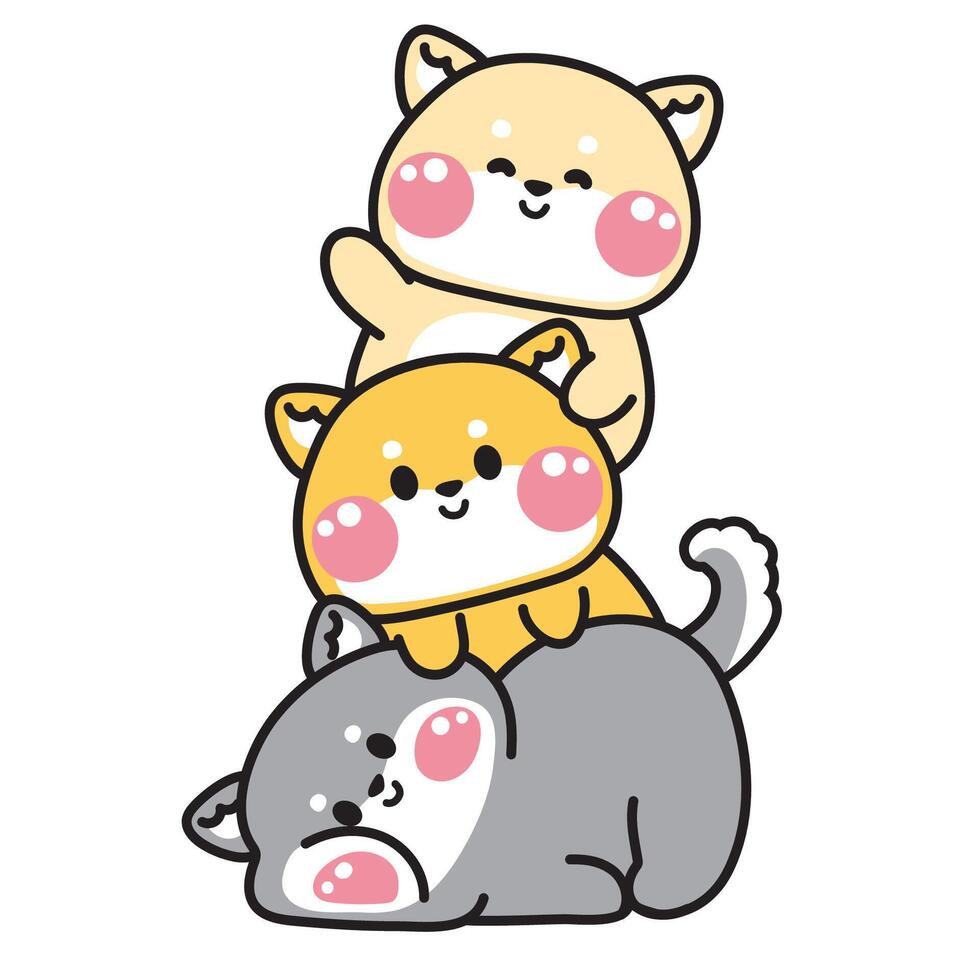 Cute shiba inu dog stay on top each other greeting.Pet animal character cartoon design.Image for card,poster,sticker,baby clothing,t shirt print screen.Relax.Lay.Kawaii.Illustration. vector