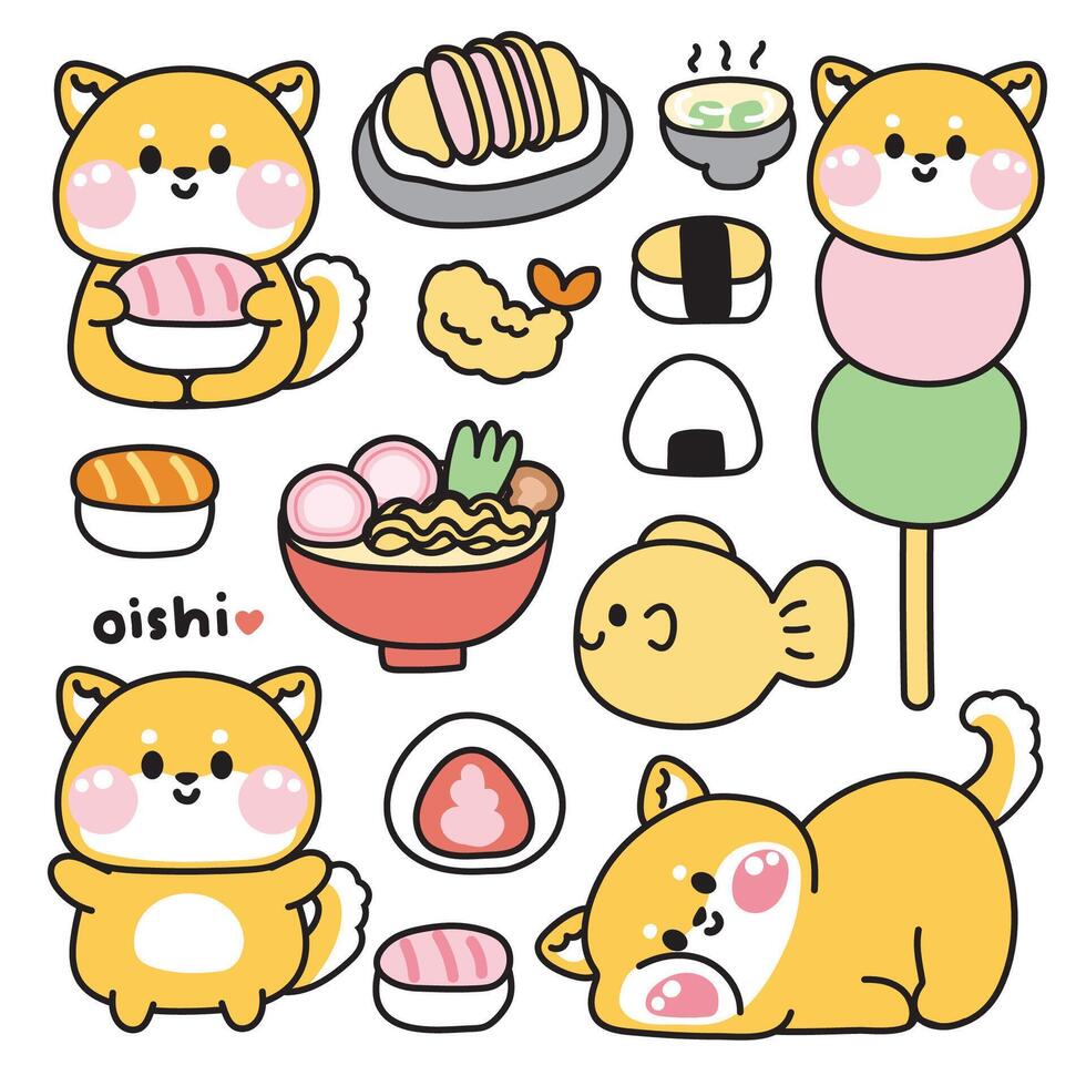 Set of cute shiba inu dog various poses in japanese food and dessert concept.Pet animal character cartoon design.Sushi,ramen,tonkatsu,dango,taiyaki drawn.Kid graphic.Kawaii.Illustration. vector