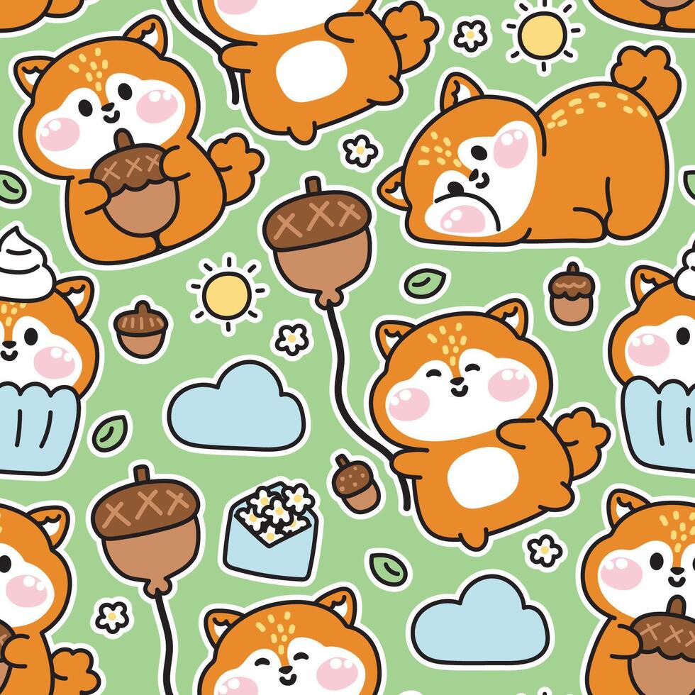 Seamless pattern of cute squirrel various poses sticker in acorn concept.Rodent animalcartoon design.Cupcake,fruit,flower,leaf,cloud,balloon,sun hand drawn.Spring.Nature.Kid graphic.Kawaii. vector
