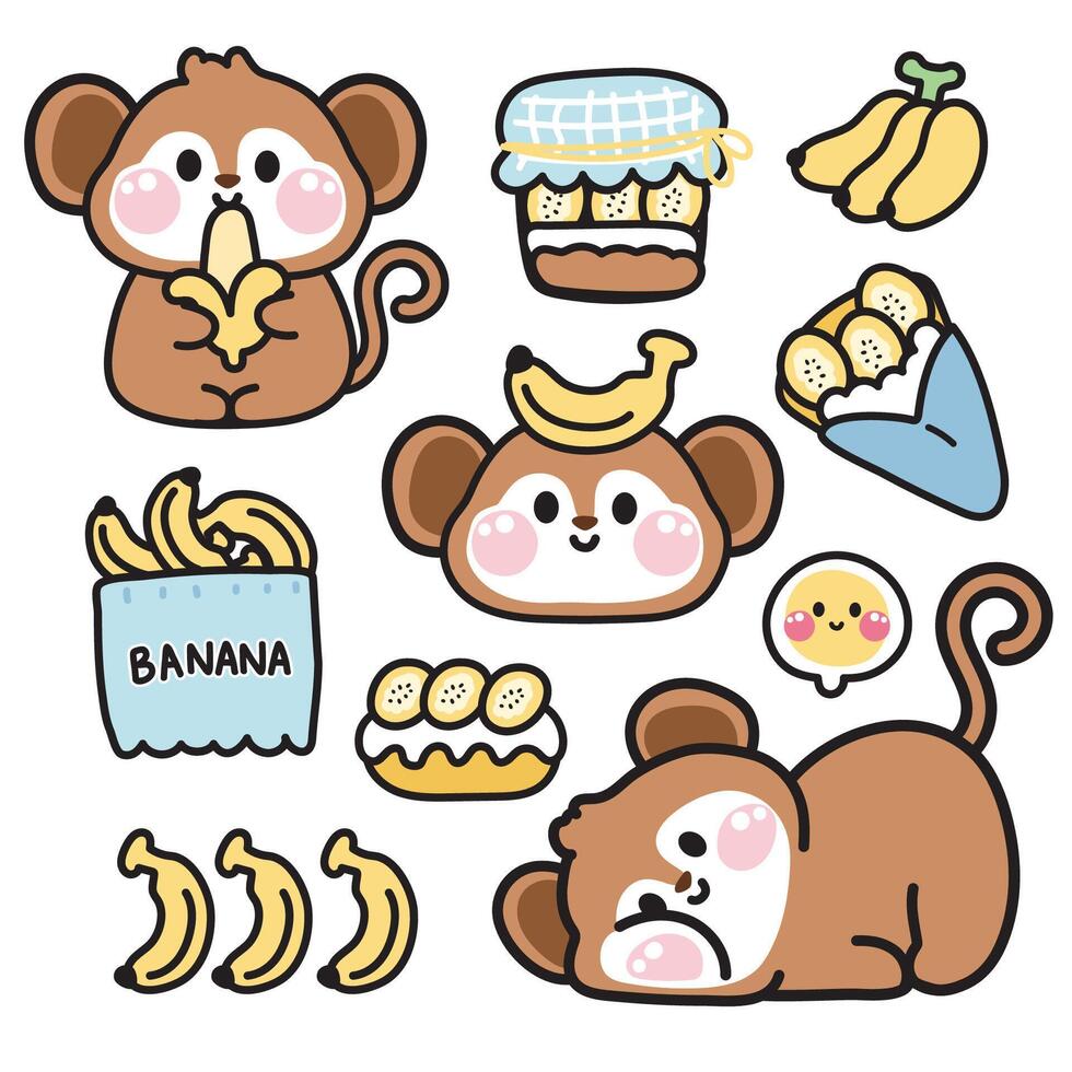 Set of cute monkey various poses in banana concept.Wild animal character cartoon design.Bread,bakery,sweet,dessert,fruit hand drawn collection.Kid graphic.Kawaii.Illustration. vector