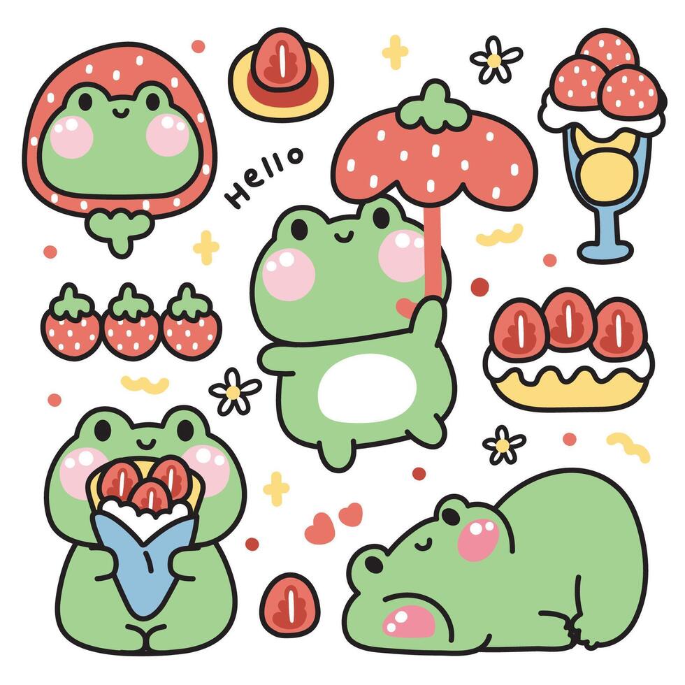 Set of cute frog various poses in strawberry bakery concept.Reptile animal character cartoon design.Bread,ice cream,dessert,sweet,fruit hand drawn collection.Kid graphic.Kawaii.Illustration. vector