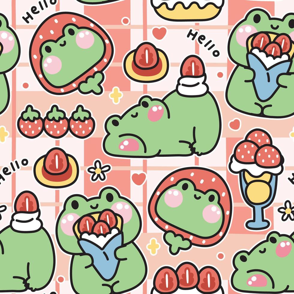 Seamless pattern of cute frog various poses in strawberry bakery concept background.Reptile animal character cartoon design.Bread,ice cream,dessert,sweet,fruit,heart,flower.Kawaii.Illustration. vector