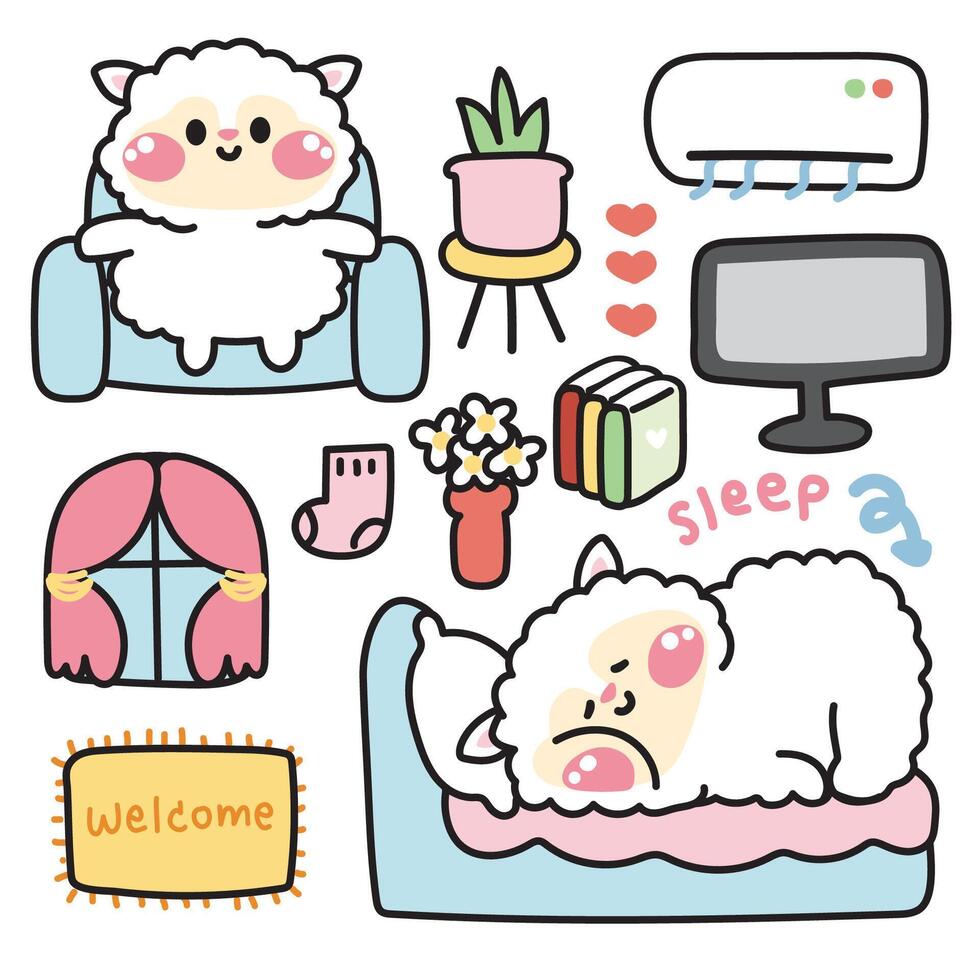 Set of cute sheep various poses in living room concept.Farm animal character cartoon design.Bed,book,sofa,television,air conditioner drawn collection.Home.House.Kawaii.Illustration vector