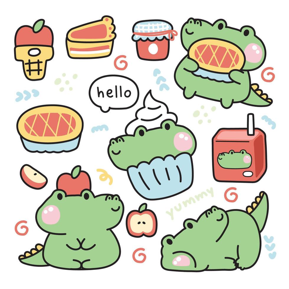 Set of cute crocodile various poses in apple pie concept.Reptile animal character cartoon design.Fruit,cupcake,apple,milk,ice cream,jam hand drawn.Kid graphic.Kawaii.Illustration. vector