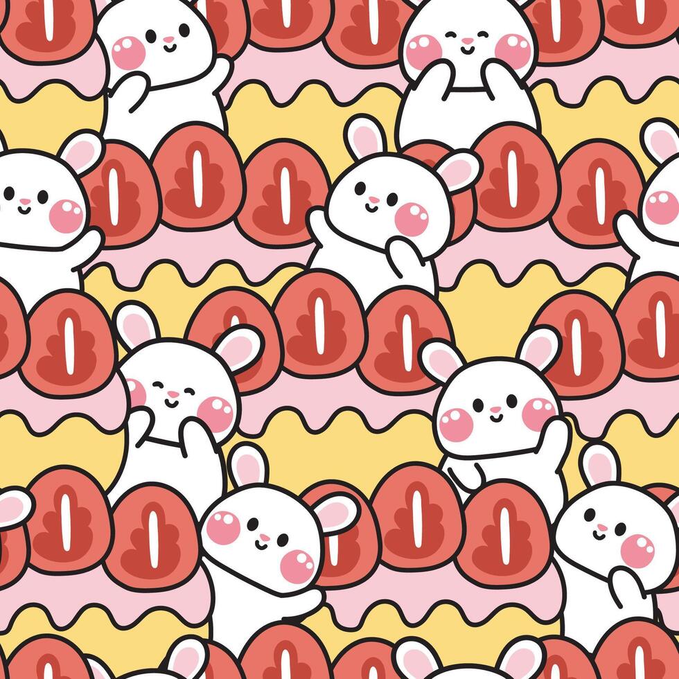 Repeat.Seamless pattern of cute rabbit greeting with big strawberry bread background.Rodent animal character cartoon design.Fruit.Bakery.Image for card,poster,baby clothing.Kawaii.Illustration. vector