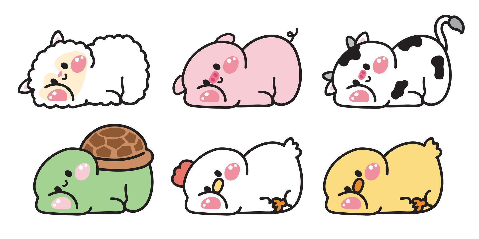 conjunto de linda animales laico abajo poses en blanco fondo.relax.art.oveja,cerdo,vaca,tortuga,gallina,pollo mano dibujado.granja.reptil.niño ilustración.gráfica.kawaii. vector