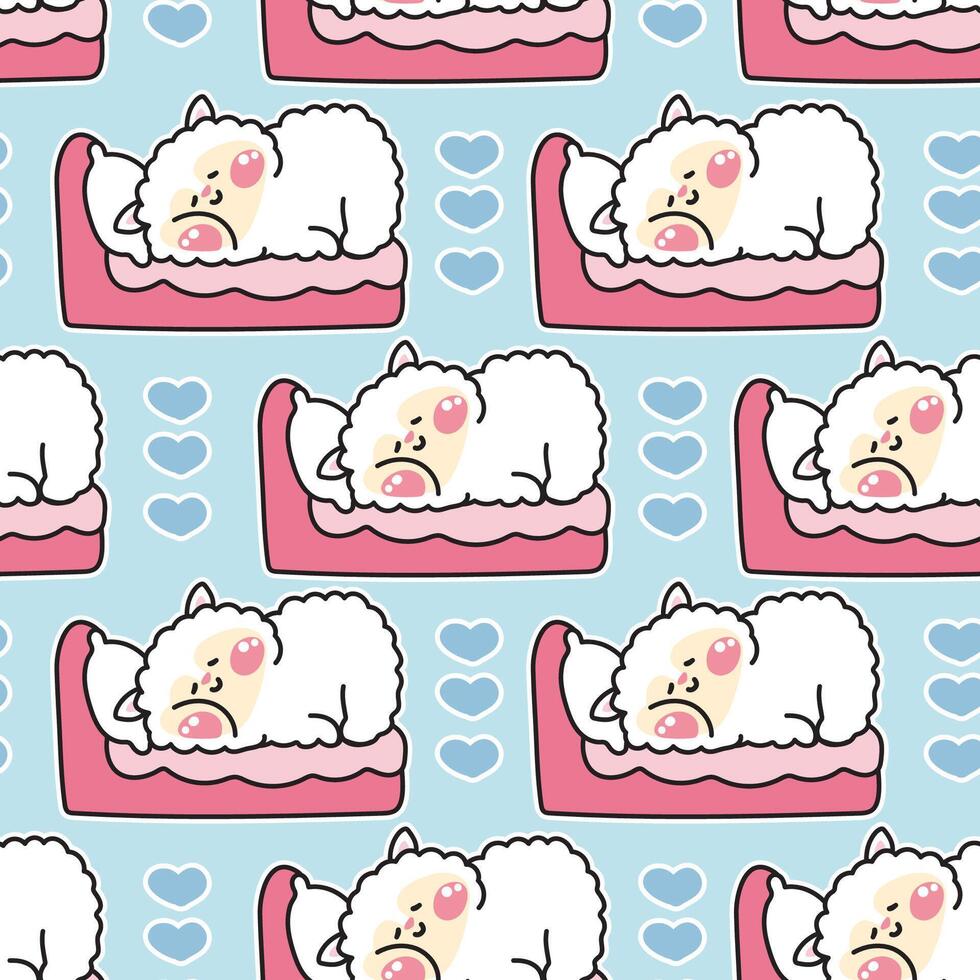 Seamless pattern of cute sheep sleeping with heart background.Farm animal character cartoon design.Relax.Dream.Image for card,poster,baby clothing.Kawaii.Illustration. vector