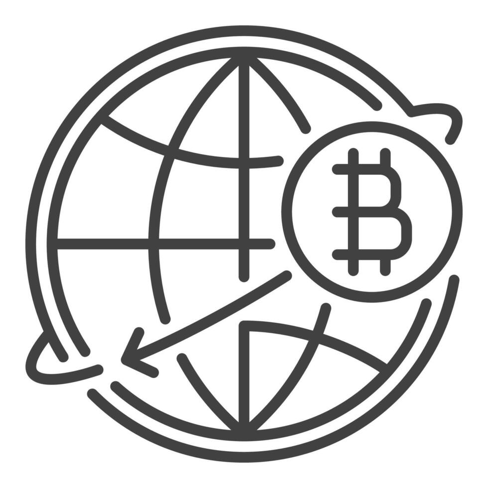 Bitcoin around the World Globe Cryptocurrency icon or sign in outline style vector