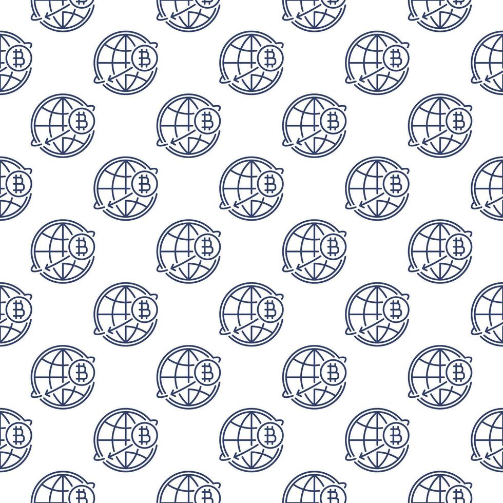 Bitcoin around the World Globe Cryptocurrency seamless pattern in outline style vector