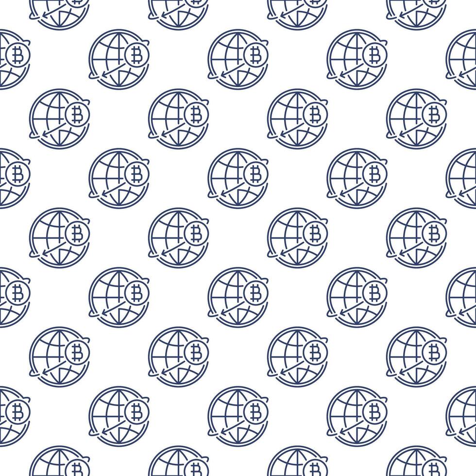 Bitcoin around the World Globe Cryptocurrency seamless pattern in outline style vector