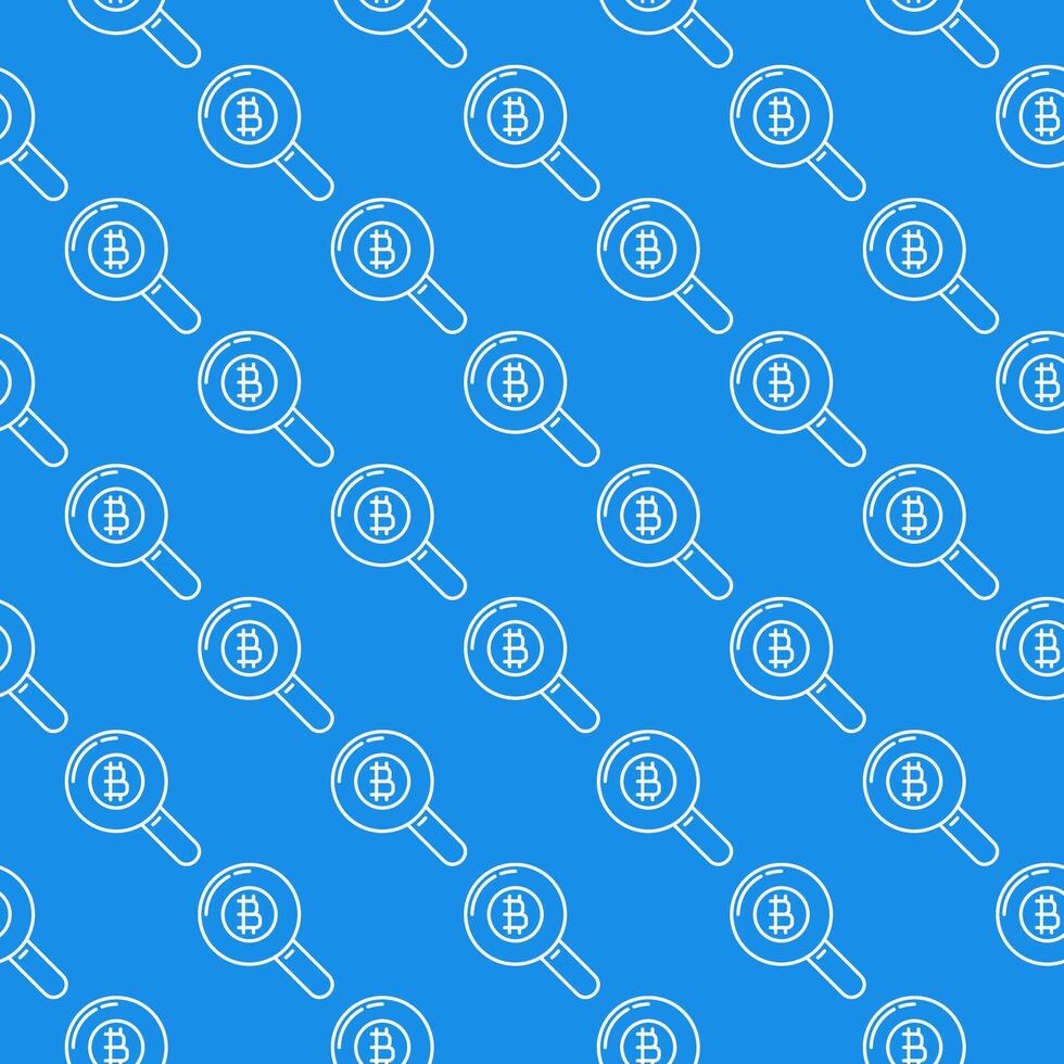 Magnifier with Bitcoin sign Cryptocurrency Search seamless pattern in thin line style vector