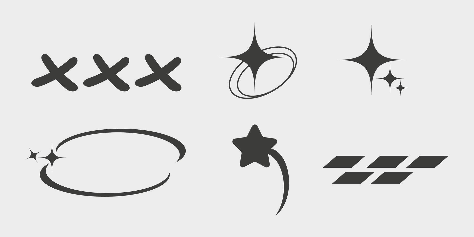 Y2K symbols, retro star icons and graphic elements for posters and streetwear fashion design set vector