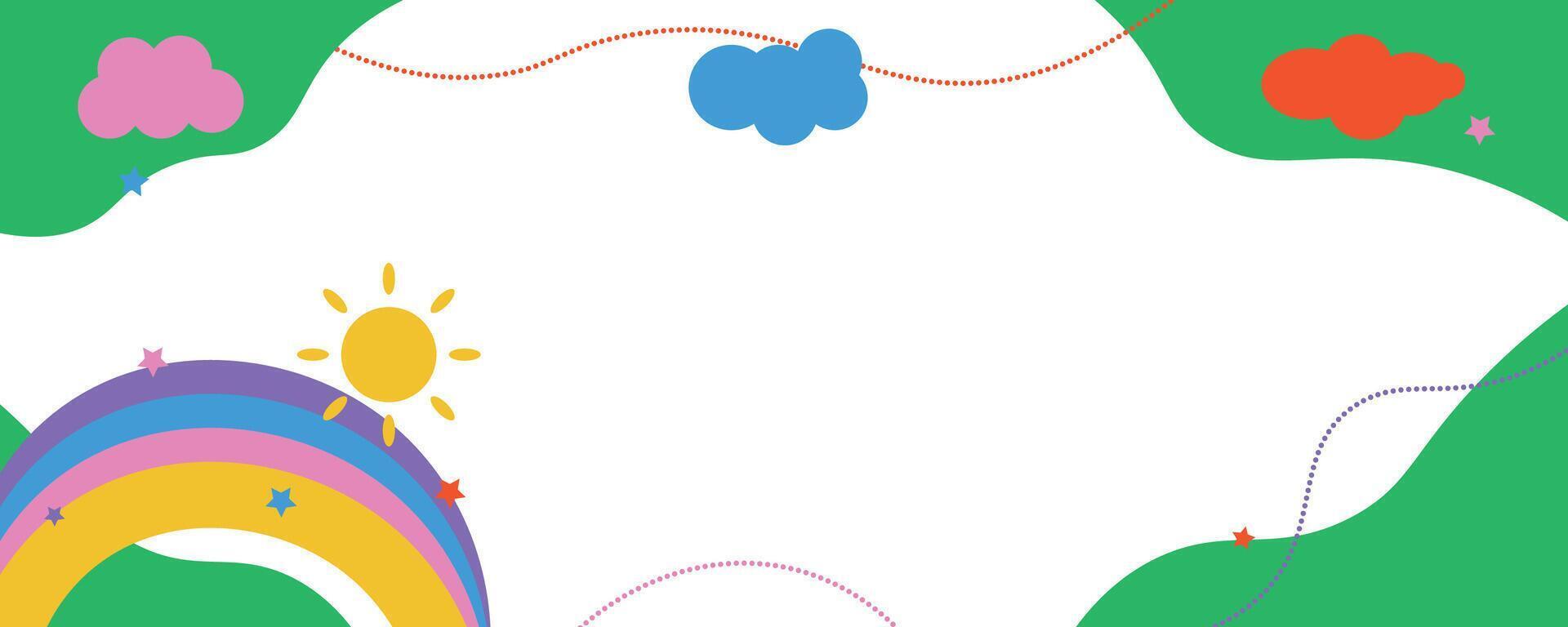 Flat design colorful kids background, with rainbow, cloud and sun vector