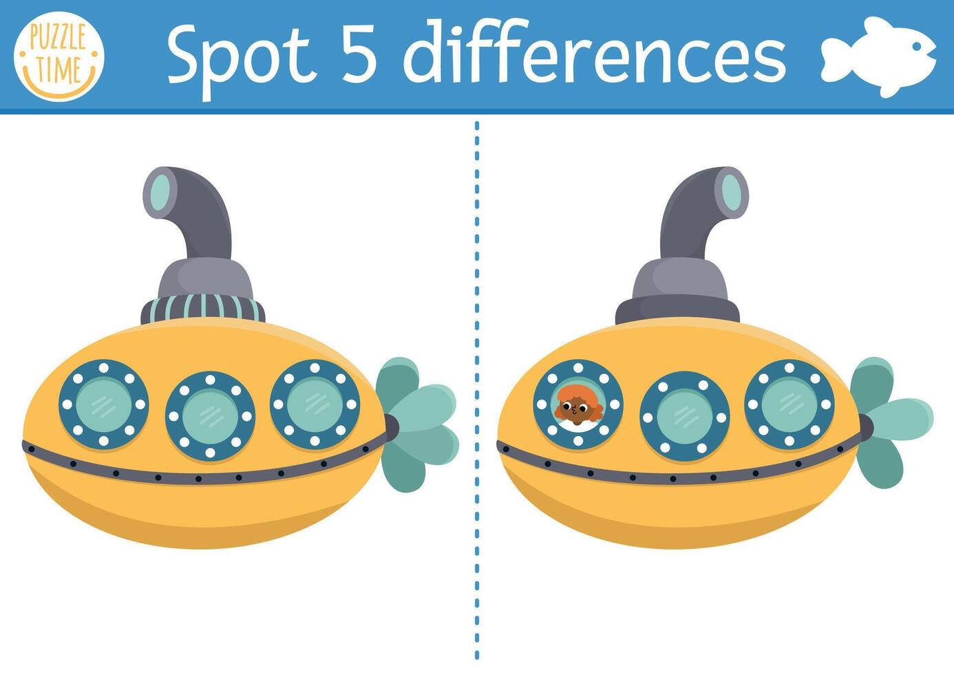 Find differences game for children. Under the sea educational activity with cute submarine. Ocean life puzzle for kids with water animal character. Underwater printable worksheet or page vector