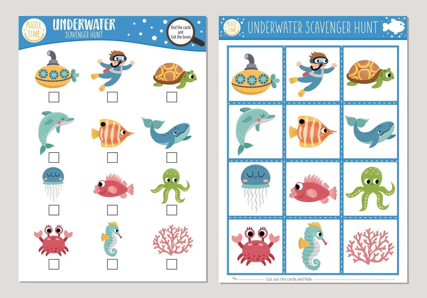 under the sea scavenger hunt cards set. Seek and find game with cute submarine, diver, dolphin, whale for kids. Ocean life searching activity. Simple educational printable worksheet vector