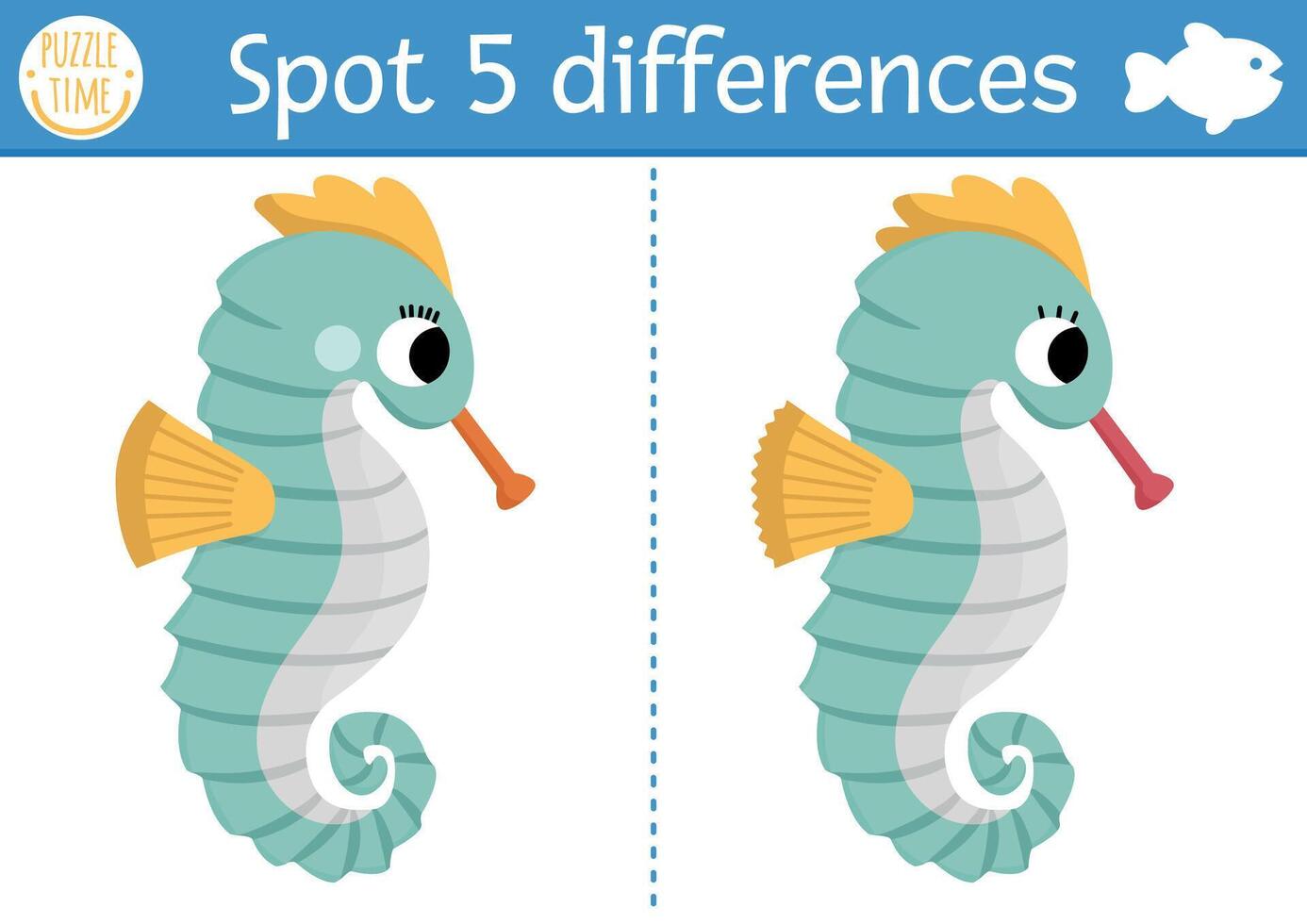 Find differences game for children. Under the sea educational activity with cute seahorse. Ocean life puzzle for kids with water animal character. Underwater printable worksheet or page vector