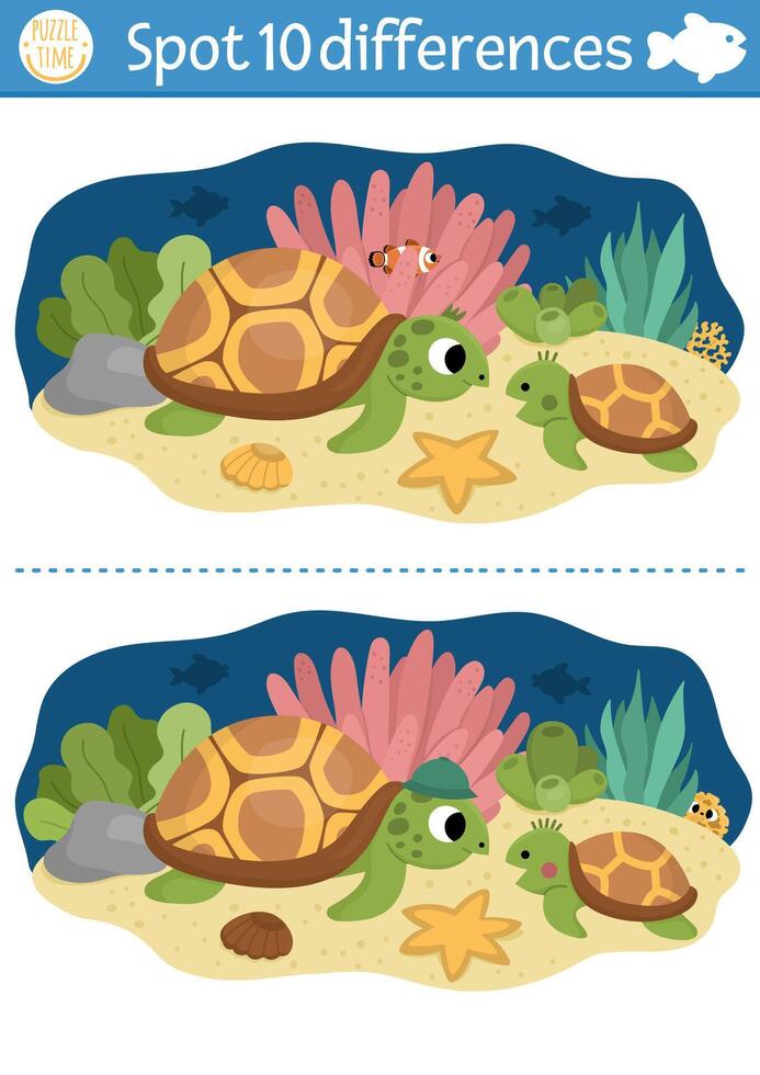 Find differences game for children. Under the sea educational activity with cute mother and baby turtle. Ocean life puzzle for kids with water animal character. Underwater printable worksheet or page vector