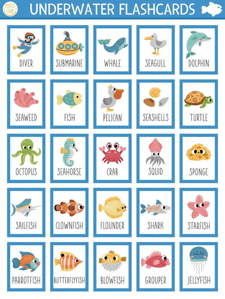 big flash cards set with water animals, seaweeds, fishes, submarine, diver. English language game with cute underwater symbols for kids. Ocean life flashcards. Simple printable worksheet vector