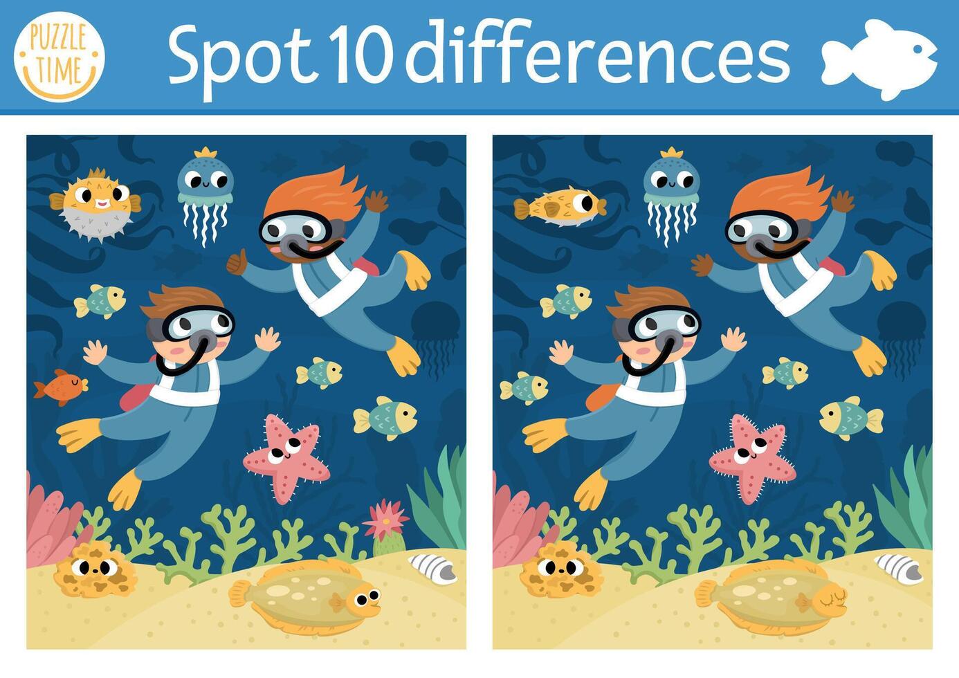 Find differences game for children. Under the sea educational activity with scene with divers, starfish. Ocean life puzzle for kids with water animal character. Underwater printable worksheet or page vector