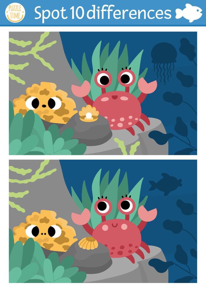 Find differences game for children. Under the sea educational activity with cute scene with crab, sponge. Ocean life puzzle for kids with water animals. Underwater printable worksheet vector