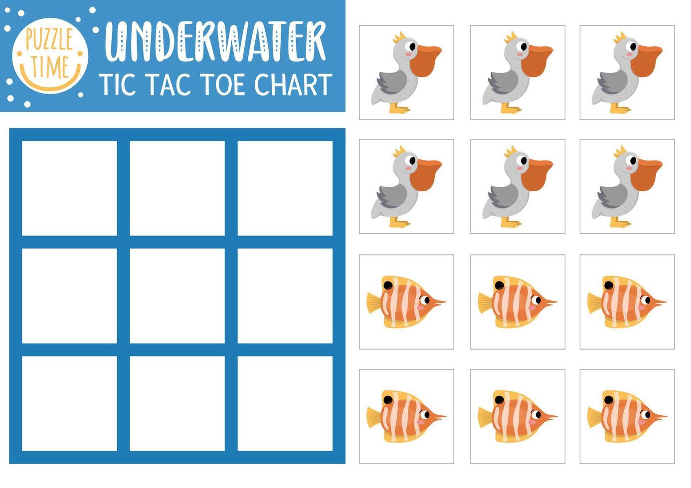 debajo el mar tic tac dedo del pie gráfico con pelícano y pez mariposa Oceano vida tablero juego jugando campo con linda caracteres. gracioso marina imprimible hoja de cálculo. ceros y cruces cuadrícula vector