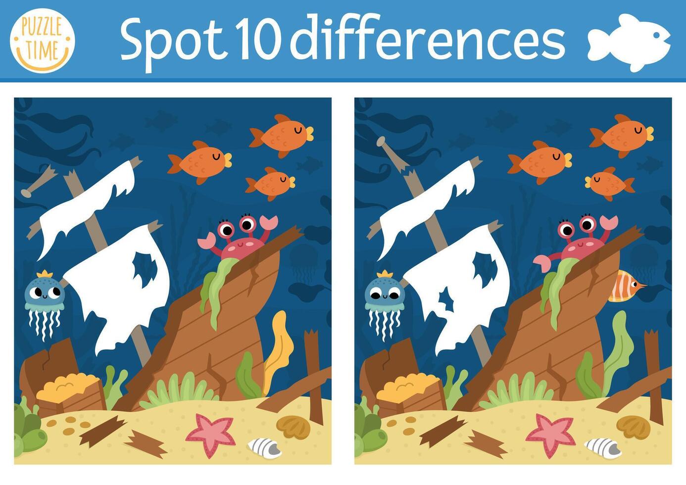 Find differences game for children. Under the sea educational activity with wrecked ship scene. Ocean life puzzle for kids with water animal character. Underwater printable worksheet or page vector