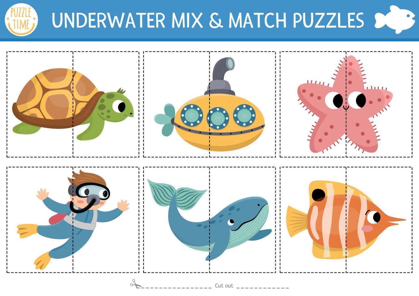 under the sea mix and match puzzle with cute characters. Matching ocean life activity for preschool kids. Educational printable game with turtle, submarine, diver, starfish vector