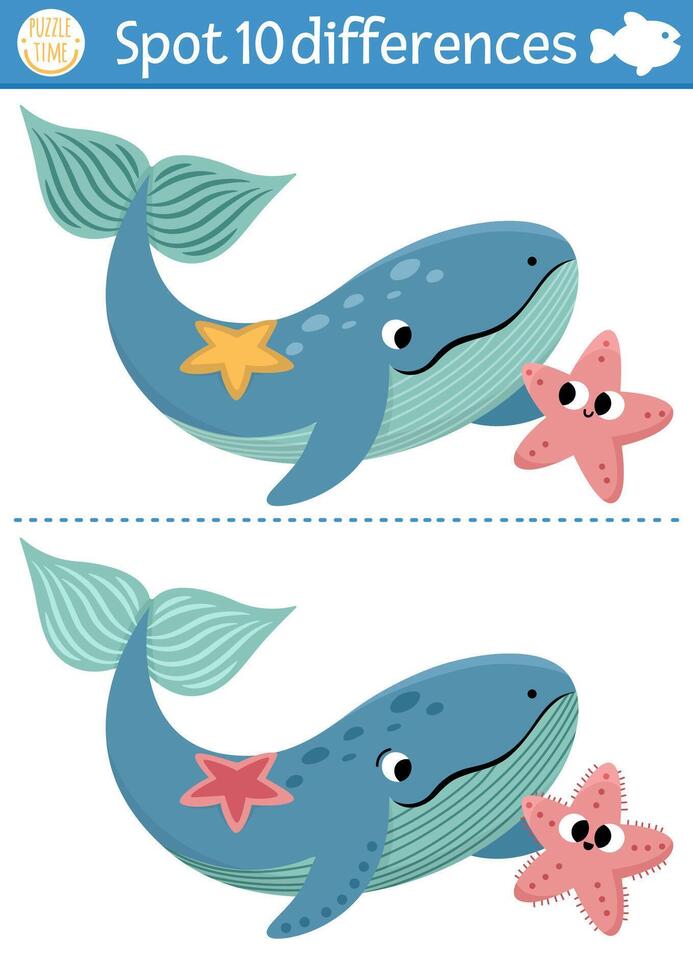 encontrar diferencias juego para niños. debajo el mar educativo actividad con linda ballena, estrella de mar. Oceano vida rompecabezas para niños con agua animal personaje. submarino imprimible hoja de cálculo o página vector