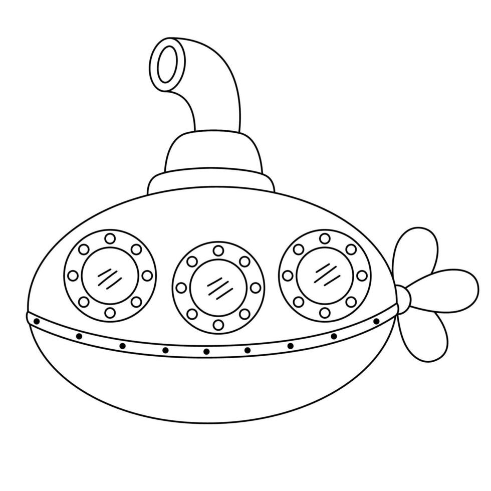 black and white submarine icon. Under the sea line illustration with cute funny boat. Ocean clipart with sub. Cartoon underwater or marine coloring page for children vector