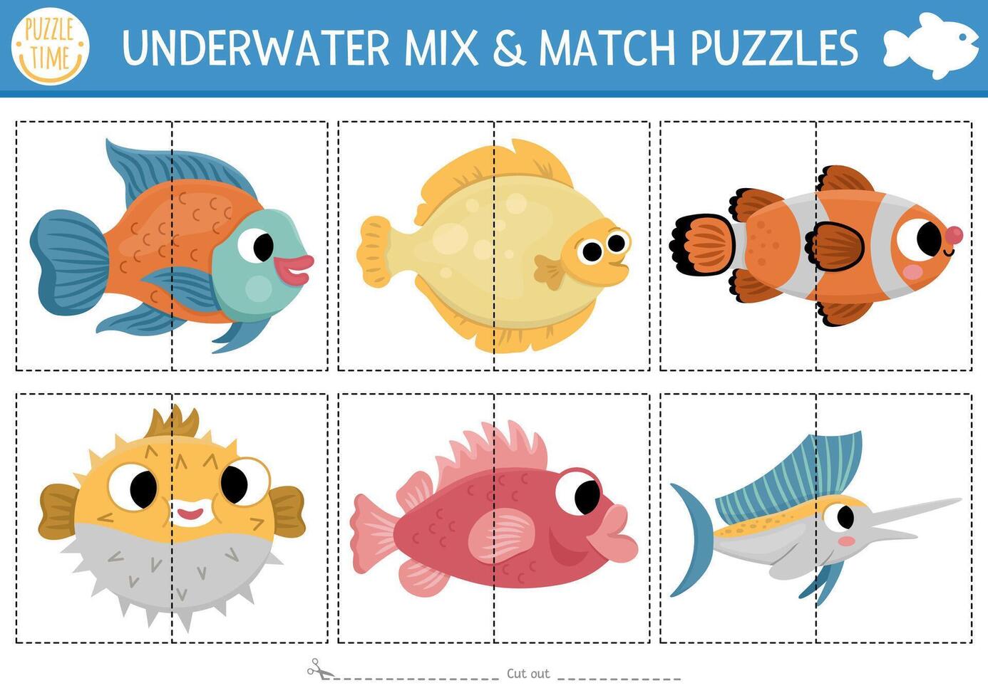 under the sea mix and match puzzle with cute fishes. Matching ocean life activity for preschool kids. Educational printable game with grouper, flounder, blowfish, clownfish, sailfish vector