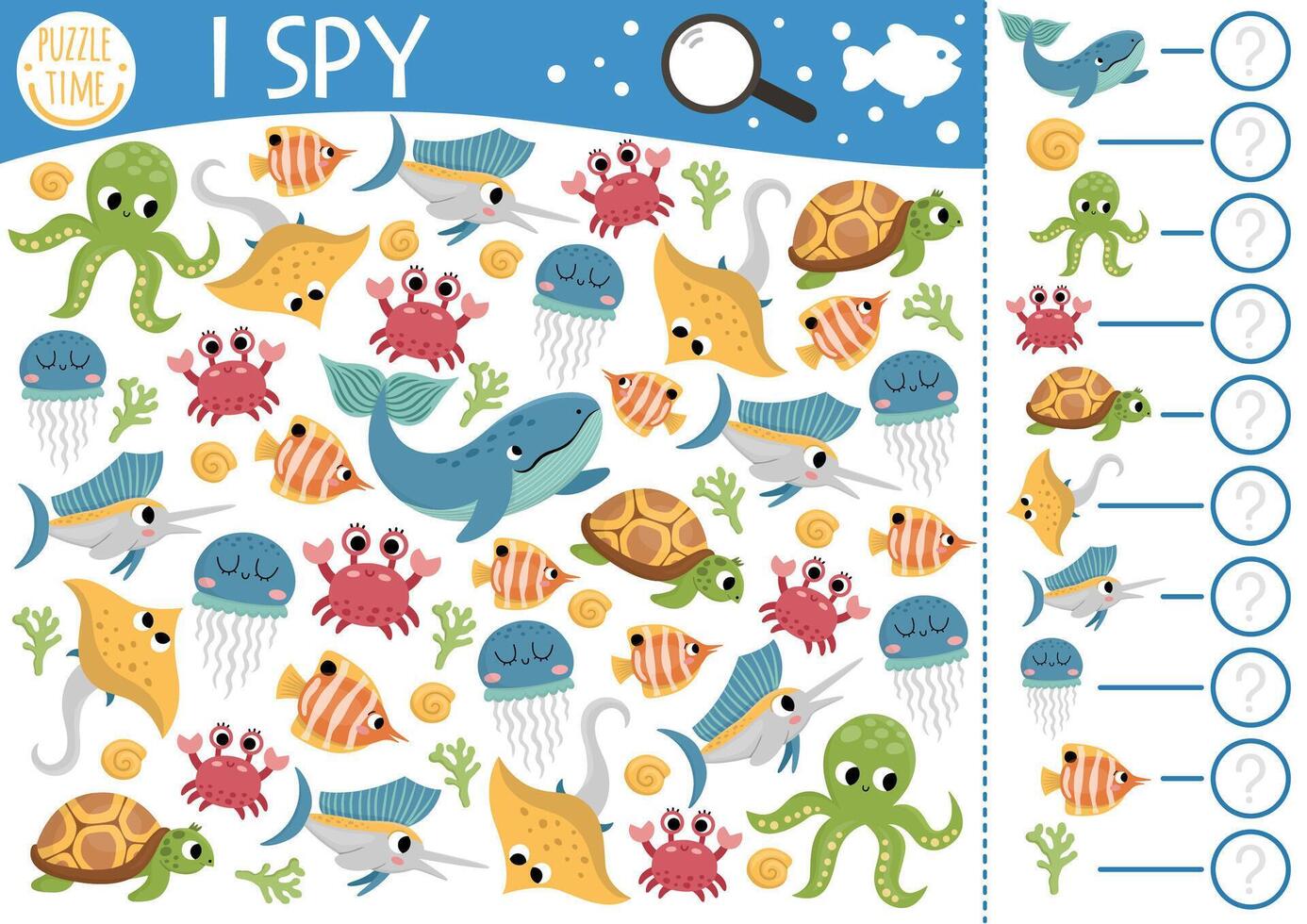Under the sea I spy game for kids. Searching and counting activity with fish, whale, octopus, crab, turtle, jellyfish. Ocean life printable worksheet for children. Simple water spotting puzzle vector