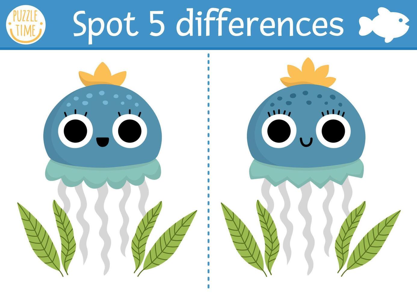 Find differences game for children. Under the sea educational activity with cute jellyfish. Ocean life puzzle for kids with water animal character. Underwater printable worksheet or page vector
