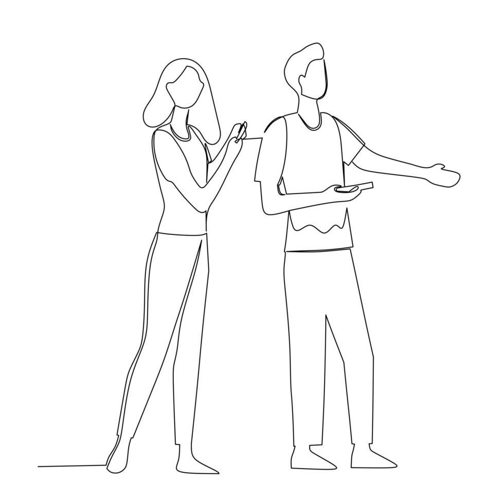 Businessman and businesswoman having a business conversation. Effective communication in business concept. Simple continuous line drawing illustration vector