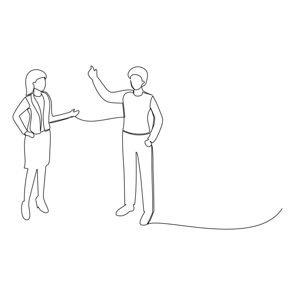 Businessman and businesswoman having a business discussion. Effective communication in business concept. Simple continuous line drawing illustration vector
