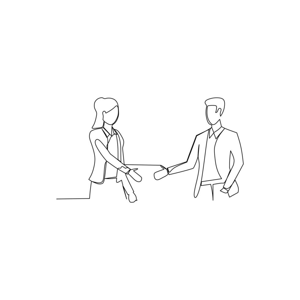 Businessman and businesswoman who holds a tab having a business discussion. Effective communication in business concept. Simple continuous line drawing illustration vector