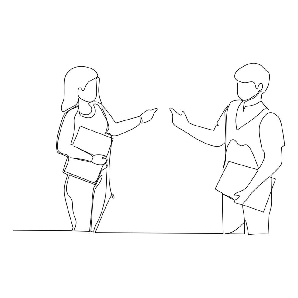 Businessman and businesswoman having conversation. Effective communication in business concept. Simple continuous line drawing illustration vector