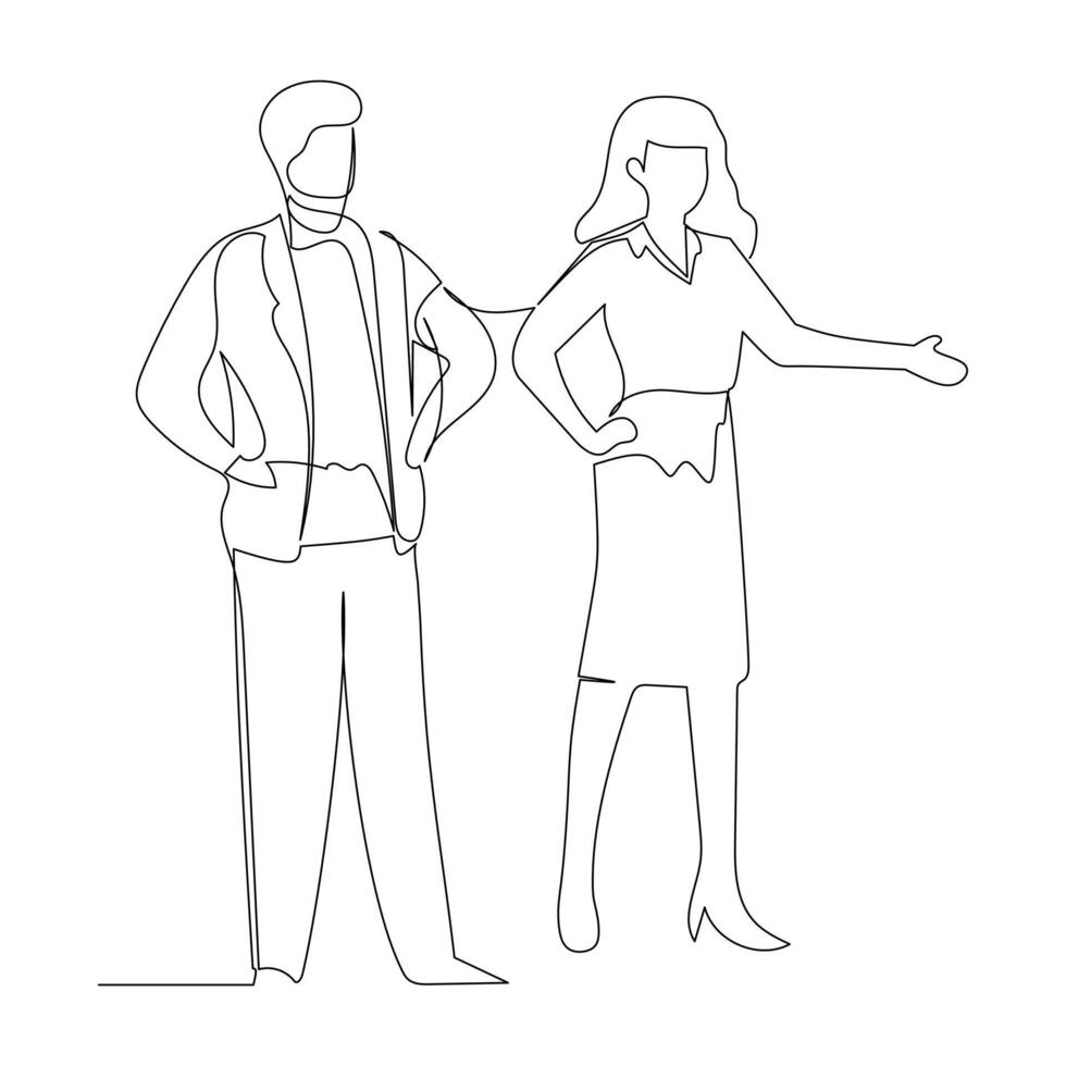 Simple continuous line drawing illustration of Businessman and businesswoman having a business discussion. Effective communication in business concept. vector