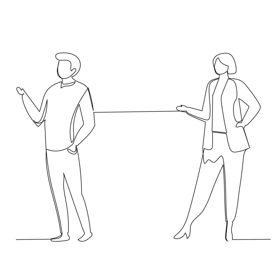 Businessman and businesswoman having a business conversation. Effective communication in business concept. Simple continuous line drawing illustration vector