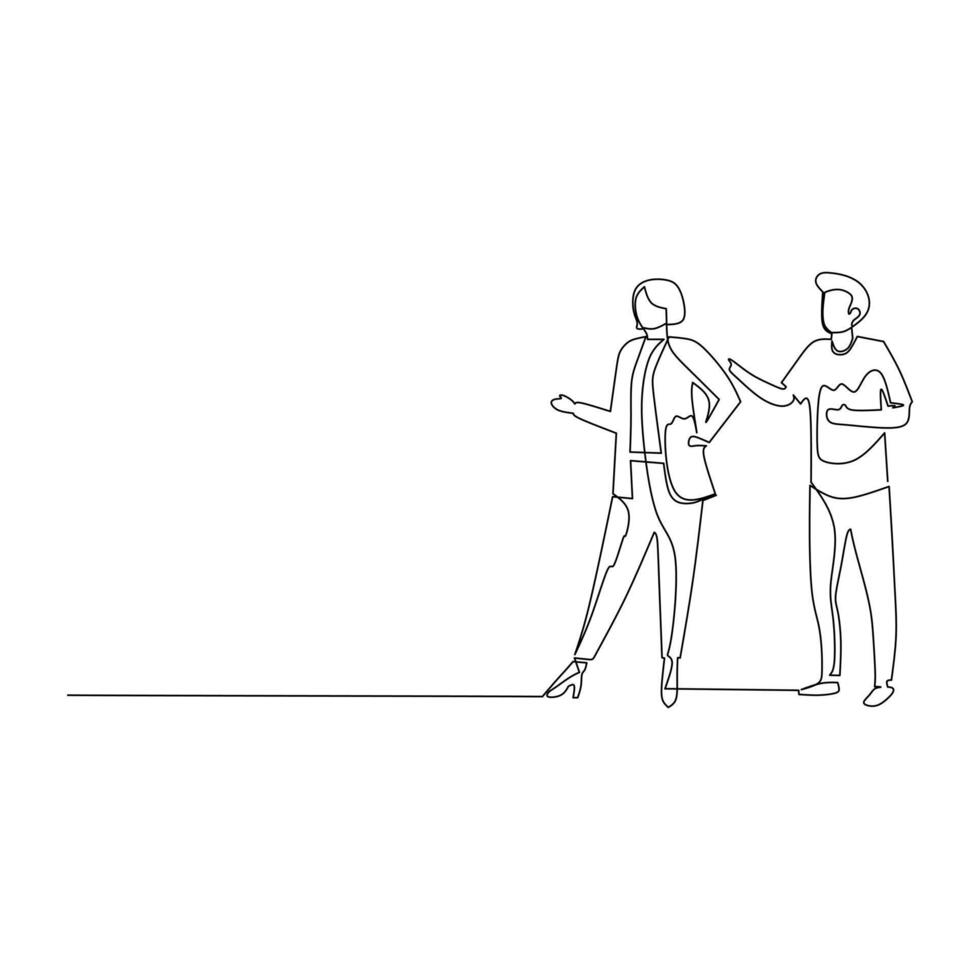 Businessman and businesswoman having a business discussion. Effective communication in business concept. Simple continuous line drawing illustration vector