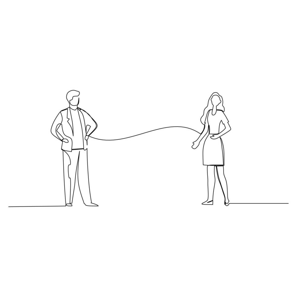 Businessman and businesswoman who holds a tab having a business discussion. Effective communication in business concept. Simple continuous line drawing illustration vector