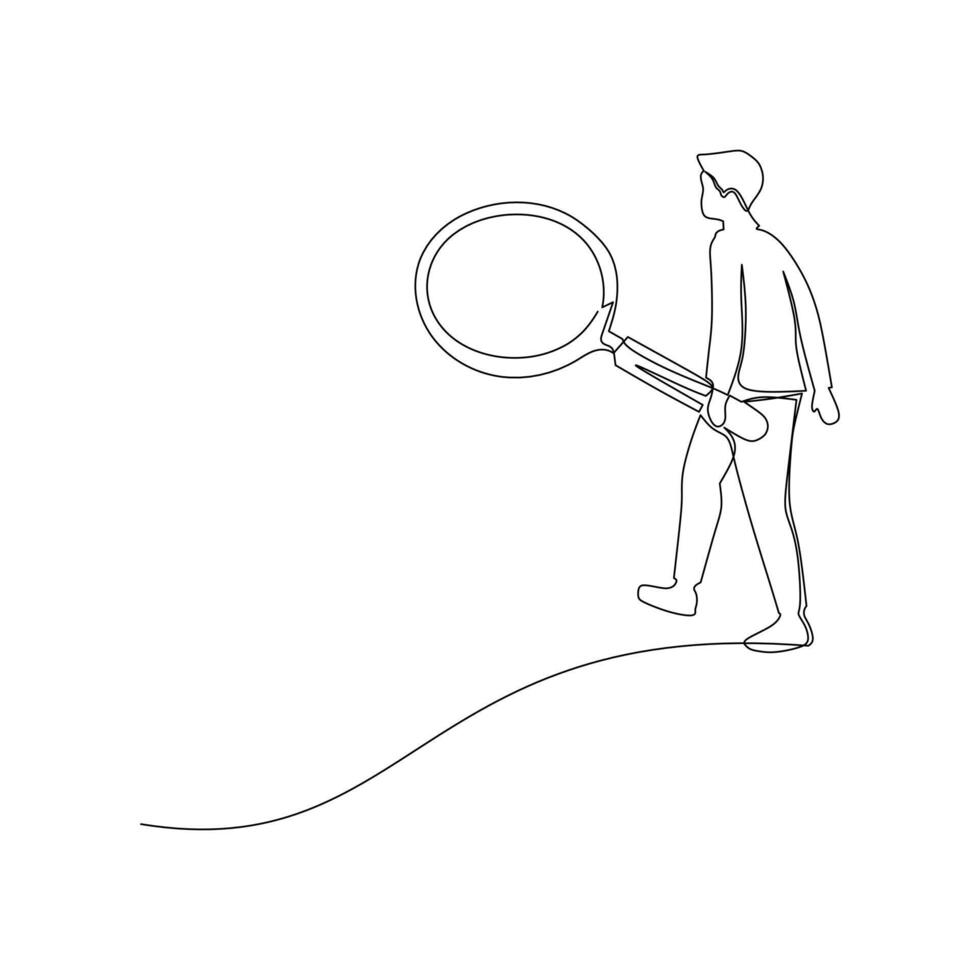 Continuous line drawing design of businessman searching data using huge magnifying glass. Business data search and analysis for a solution illustration and concept. vector