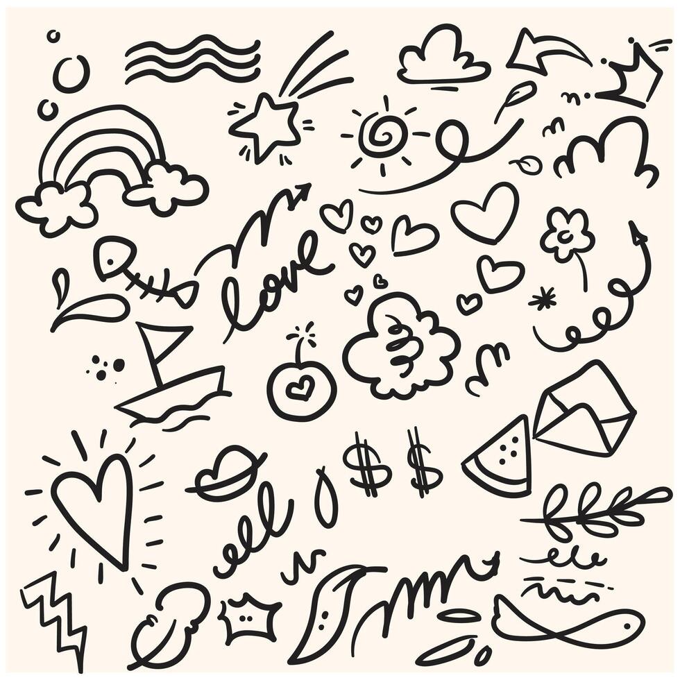 Set of doodle elements with illustration style doodle and line art vector