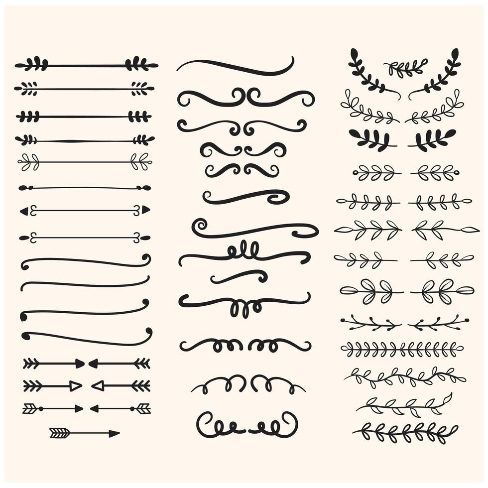 Hand drawn dividers. Lines, borders and laurels set with illustration style and doodle art vector