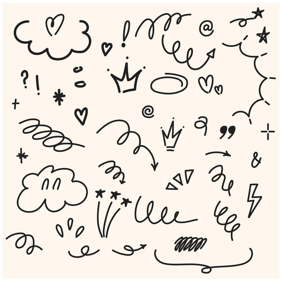 Set of cute pen line doodle element with illustration style doodle and line art vector