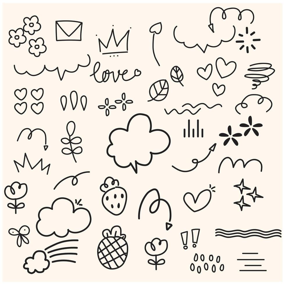 Set of cute pen line doodle element with illustration style doodle and line art vector